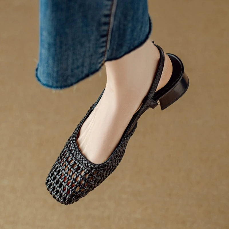 French Square-Toe Woven Mid-Heel Sandals for Women - PU Leather Square Block Heel 3-5 cm (1.2-2.0 in)