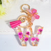 Pink Dried Flower Resin Initial Keychain with Butterfly Tassel A-Z Letter Keyring for Women Valentine's Gift
