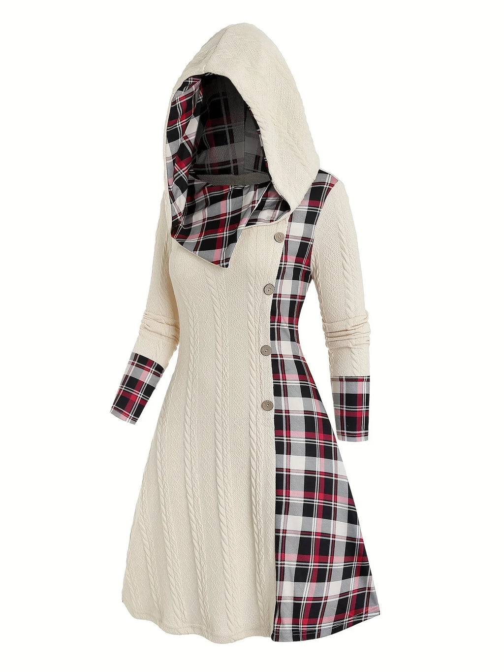 Women's Plaid Knitted Hooded A-Line Dress with Faux Buckle, High-Waist Long Sleeves