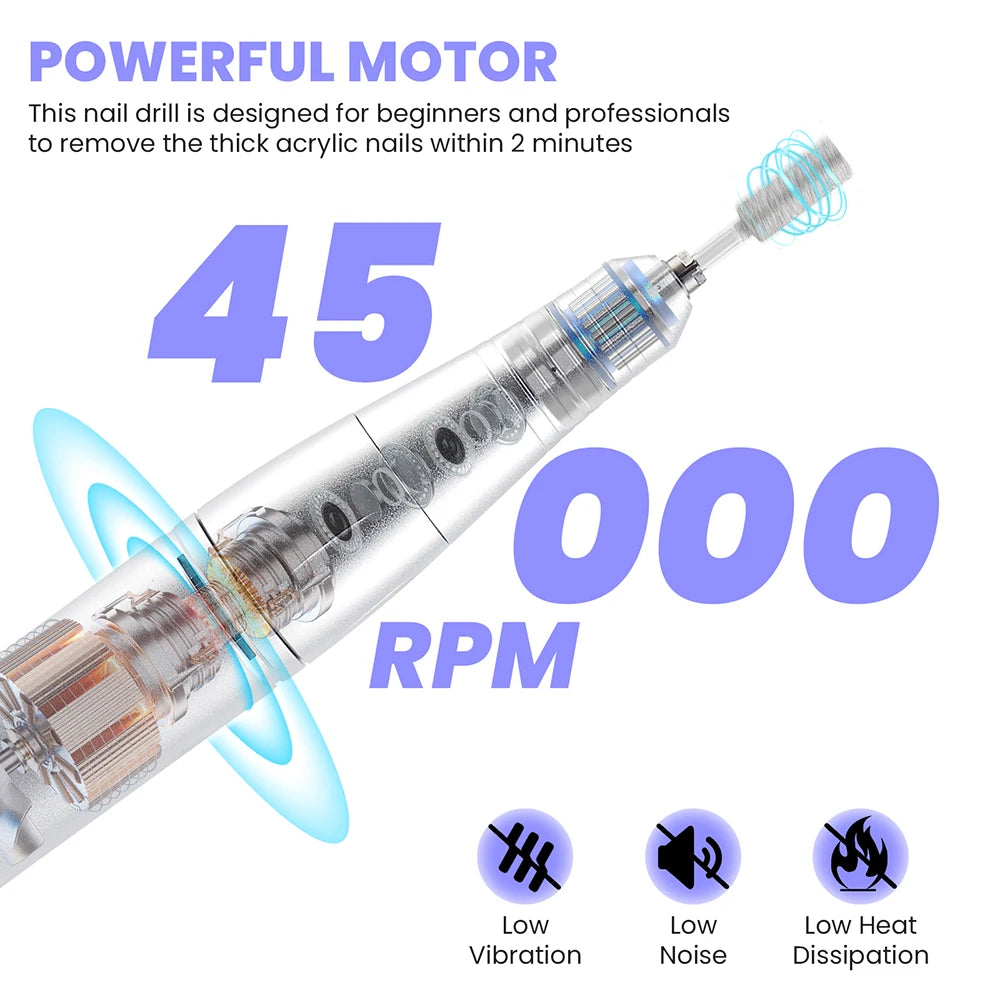 Rechargeable 45000RPM Portable Nail Drill Kit – Wireless Manicure & Pedicure Grinder with 6 Bits and 6 Sanding Bands