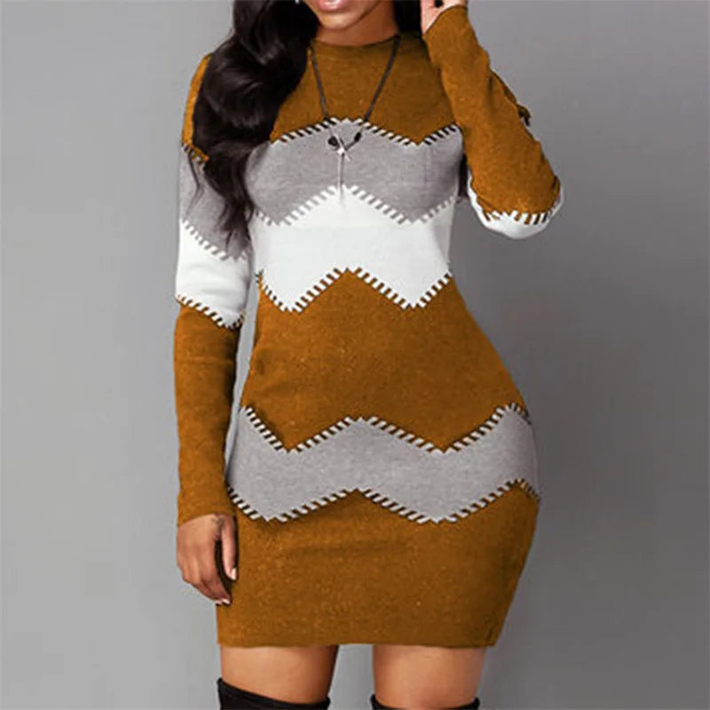 Women's Patchwork Rib Knit Turtleneck Sweater Mini Dress Long Sleeve Warm Casual A-Line
