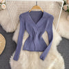Women's Twist Front V-Neck Slim Knit Sweater Long Sleeve Pullover for Fall Winter