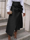 Plus Size Asymmetrical Satin Maxi Skirt – High Waist Button Pleated A-Line (0XL–5XL)
