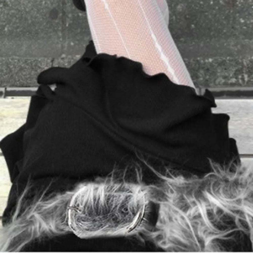 Y2K Gray Faux Fur Leather Waist Belt 41.34in (105cm) Furry Hip-Hop Jeans Waistband