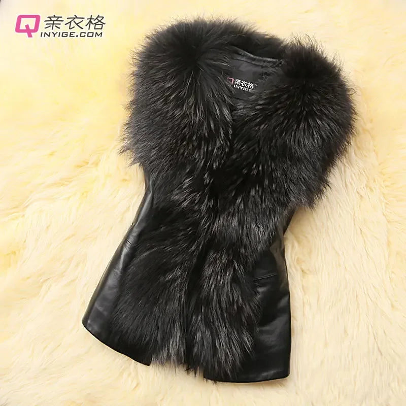 Women's Faux Leather Sleeveless Vest with Faux Raccoon Fur Collar, Oversized Stitch Detail – Autumn Winter Streetwear Coat