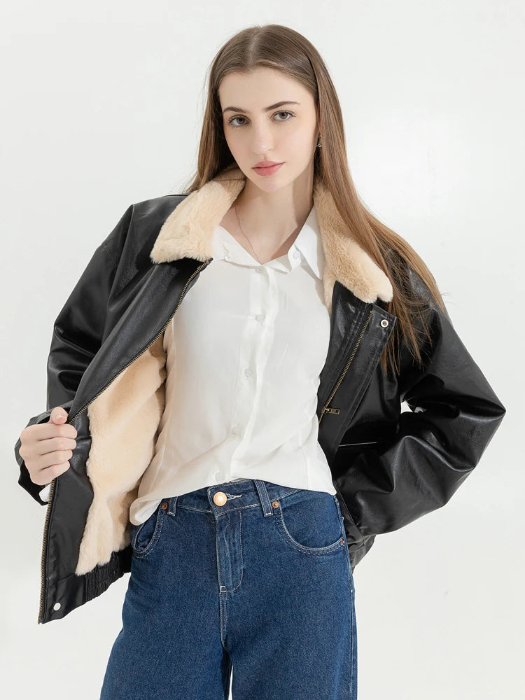 Women's Faux Leather Fur-Lined Motorcycle Jacket — Lamb Wool Lined PU Lapel Coat, Long Sleeve Loose Vintage Warm Jacket