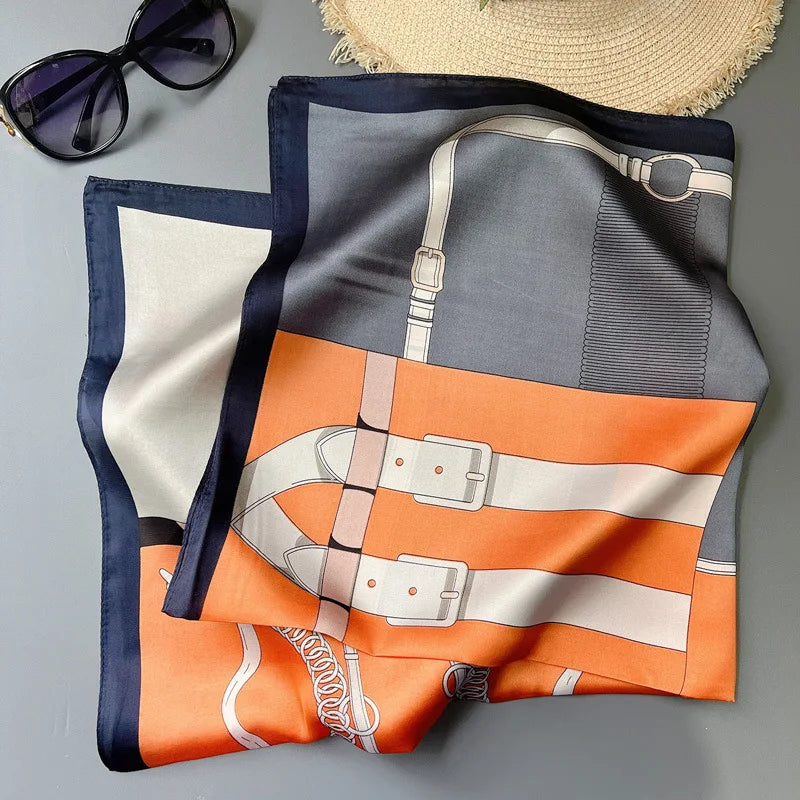 70 x 70 cm (27.6 x 27.6 in) Floral Satin-Look Polyester Square Scarf - Women's Headscarf, Hijab, Hair Band & Wrist Wrap