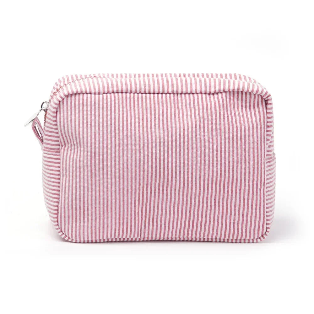 Seersucker Ruffle Makeup Bag — Pink & Purple Striped Zipper Pouch for Travel & Toiletries