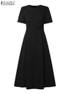 Plus Size 5XL Elegant A-Line Summer Dress Short Sleeve Mid-Calf Waisted Sundress for Women