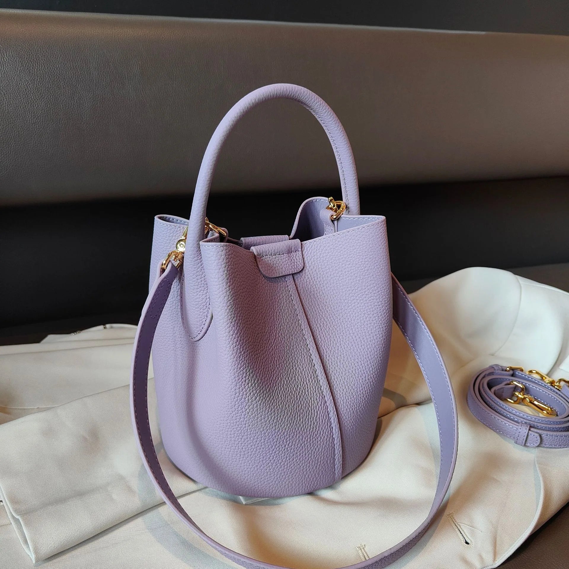 Lavender Purple Round Bucket Tote Small Genuine Cowhide Leather Shoulder & Crossbody Bag for Women