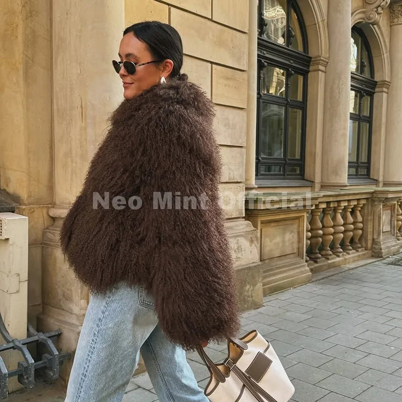 Neo Mint Faux Mongolia Sheep Fur Coat for Women Fluffy Warm Chic Streetwear Outerwear