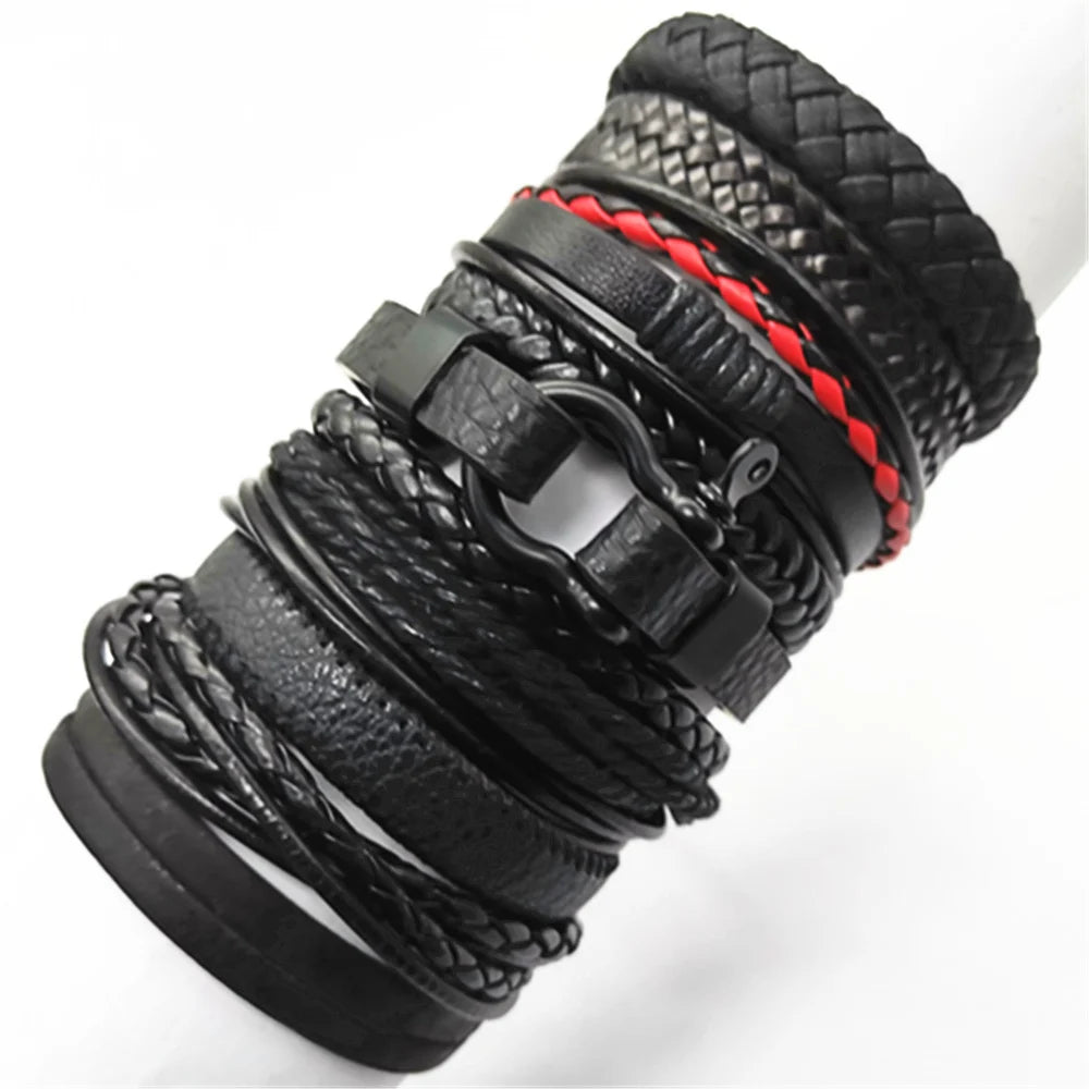 10-Pack Adjustable Black Woven Wrap Leather Bracelets – Handmade Unisex Rope Chain Lace-Up