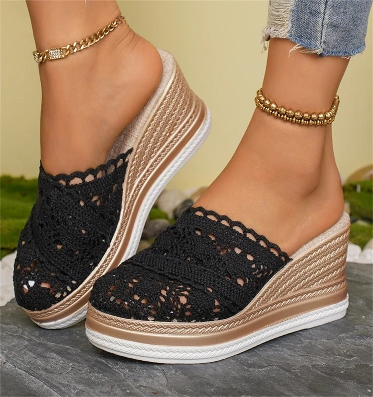 HAJINK Women's Lace Wedge Sandals – Breathable Summer Slide Heels, 5–8 cm (2–3 in) Heel, 3–5 cm (1.2–2 in) Platform