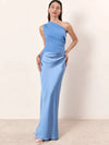 Julissa Mo One-Shoulder Patchwork Satin Maxi Dress Brown – Sleeveless Slim Evening Party Dress