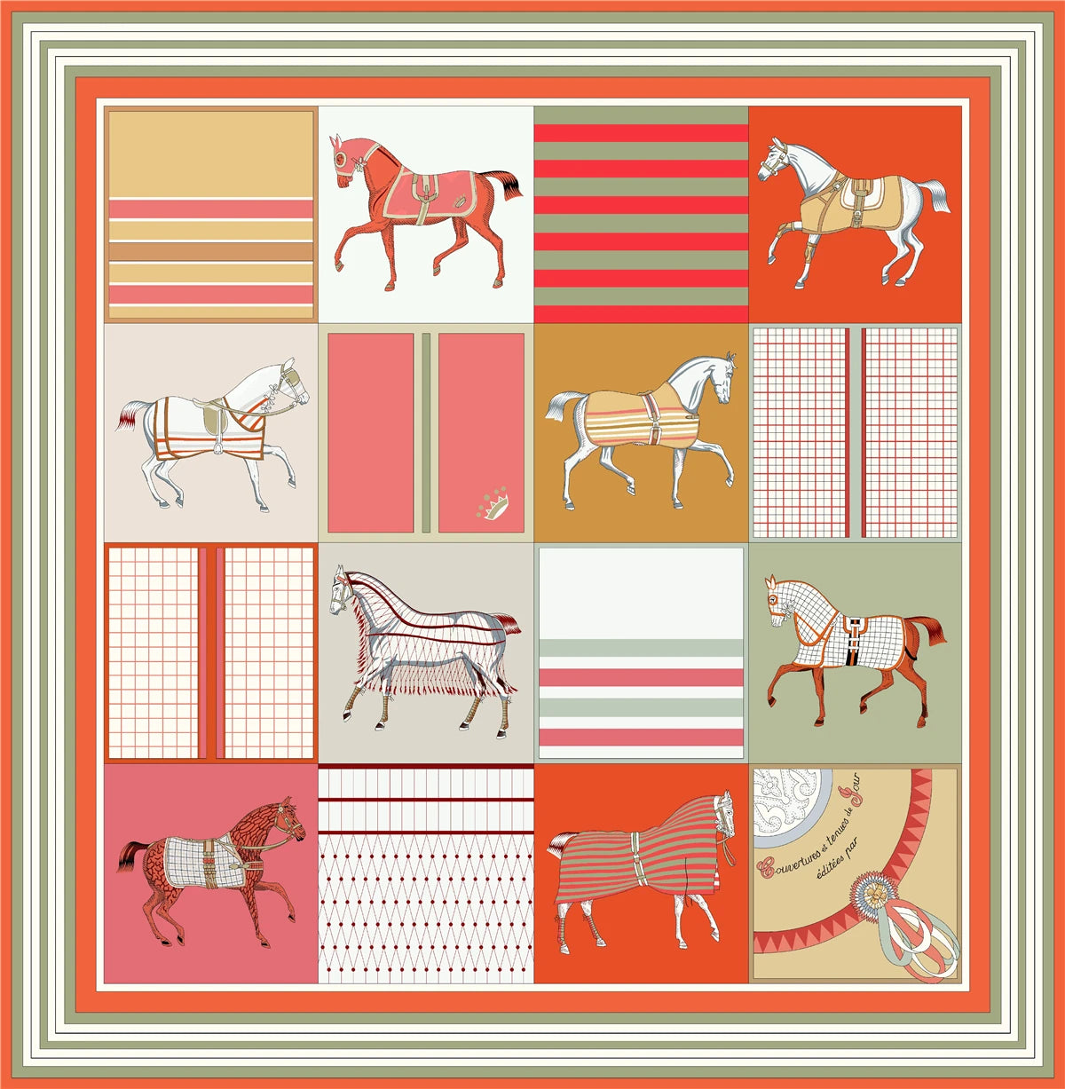 90 x 90 cm (35 in) Checkered Horse Print Twill Silk Square Scarf, Women's Luxury Bandana Shawl Hijab Neckerchief