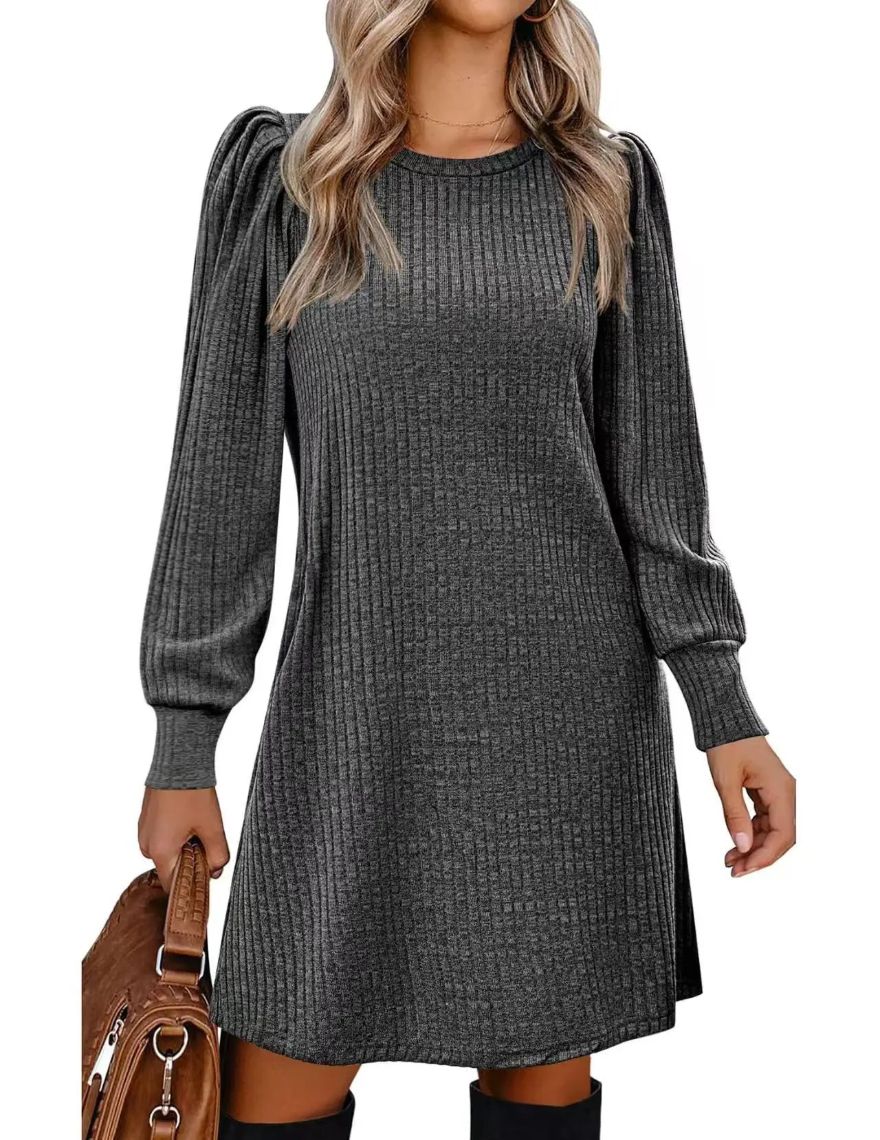 Women's Knit Puff Sleeve A-Line Dress with Pockets, Long Sleeve O-Neck Knee-Length Casual