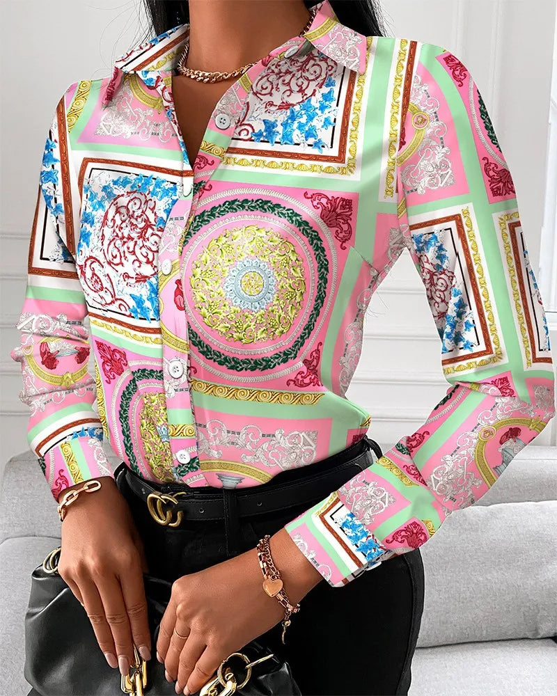 Women's Long Sleeve Turn-Down Collar Blouse - Square Print (Chain, Floral, Letter, Geometric)