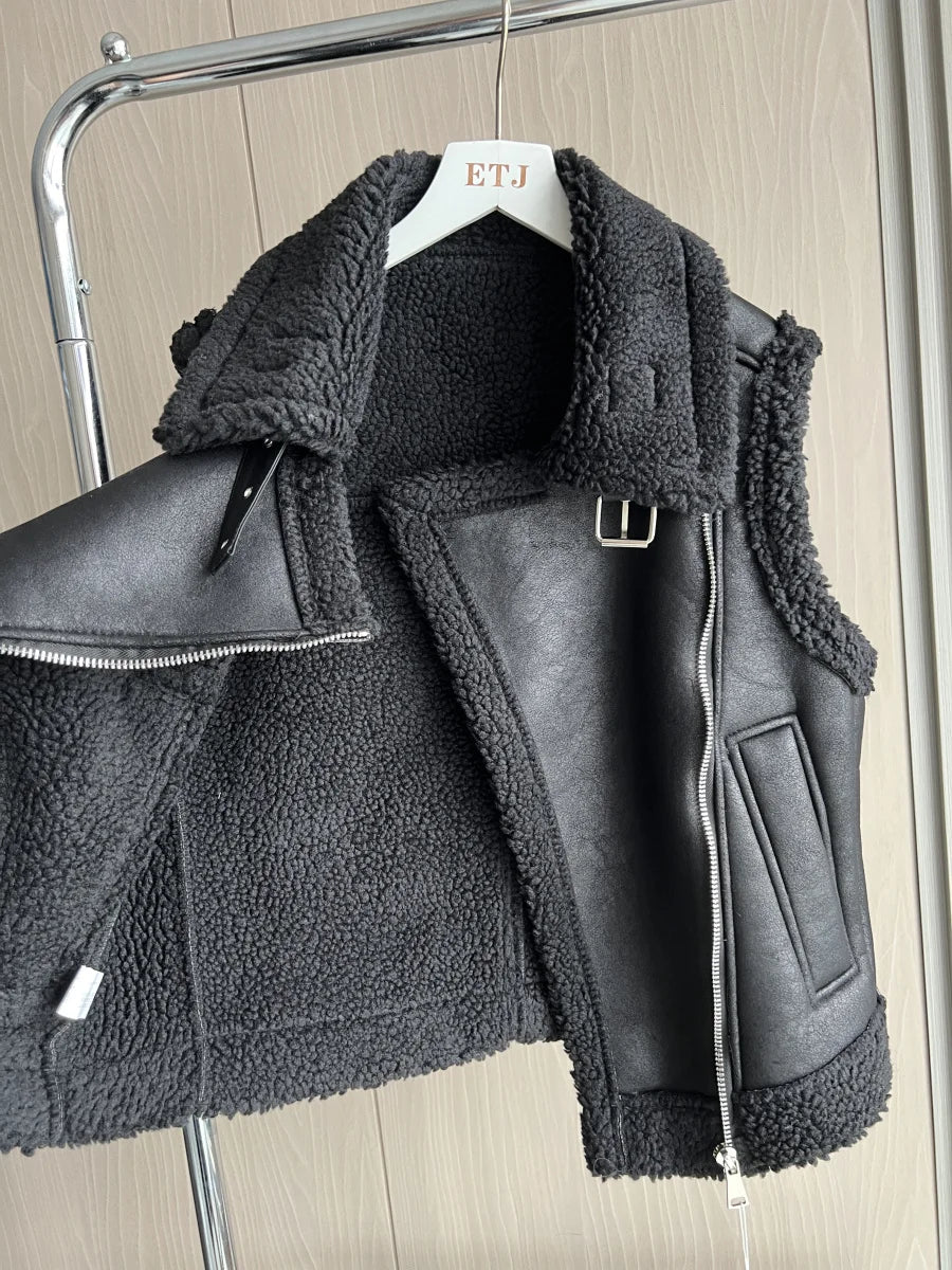 Women's Faux Leather Jacket with Teddy Fur Collar and Taffeta Lining - Warm Autumn/Winter Coat