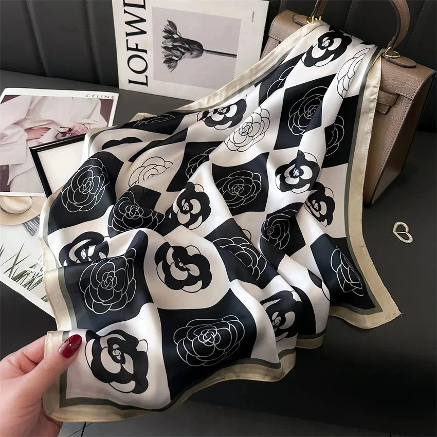 Luxury Square Silk-Feel Scarf 70 x 70 cm (27.6 x 27.6 in) Korean Fashion Floral Bandana Kerchief Wrap