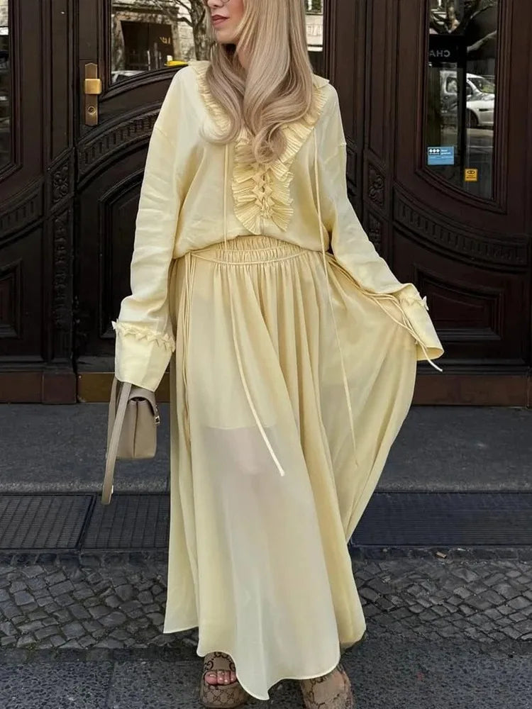 KONDALA Vintage Yellow Ruffle V-Neck Lace-Up Bow Tie Blouse Long Sleeve Casual Top