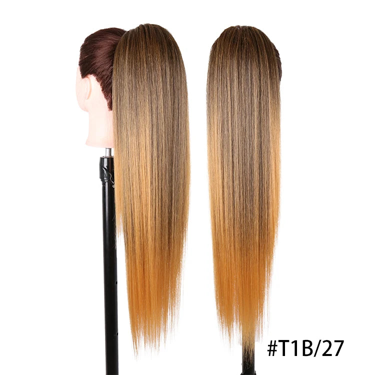 Long Ombre Blonde Synthetic Clip-In Braided Wavy Ponytail Hairpiece — Black to Brown Hair Extension