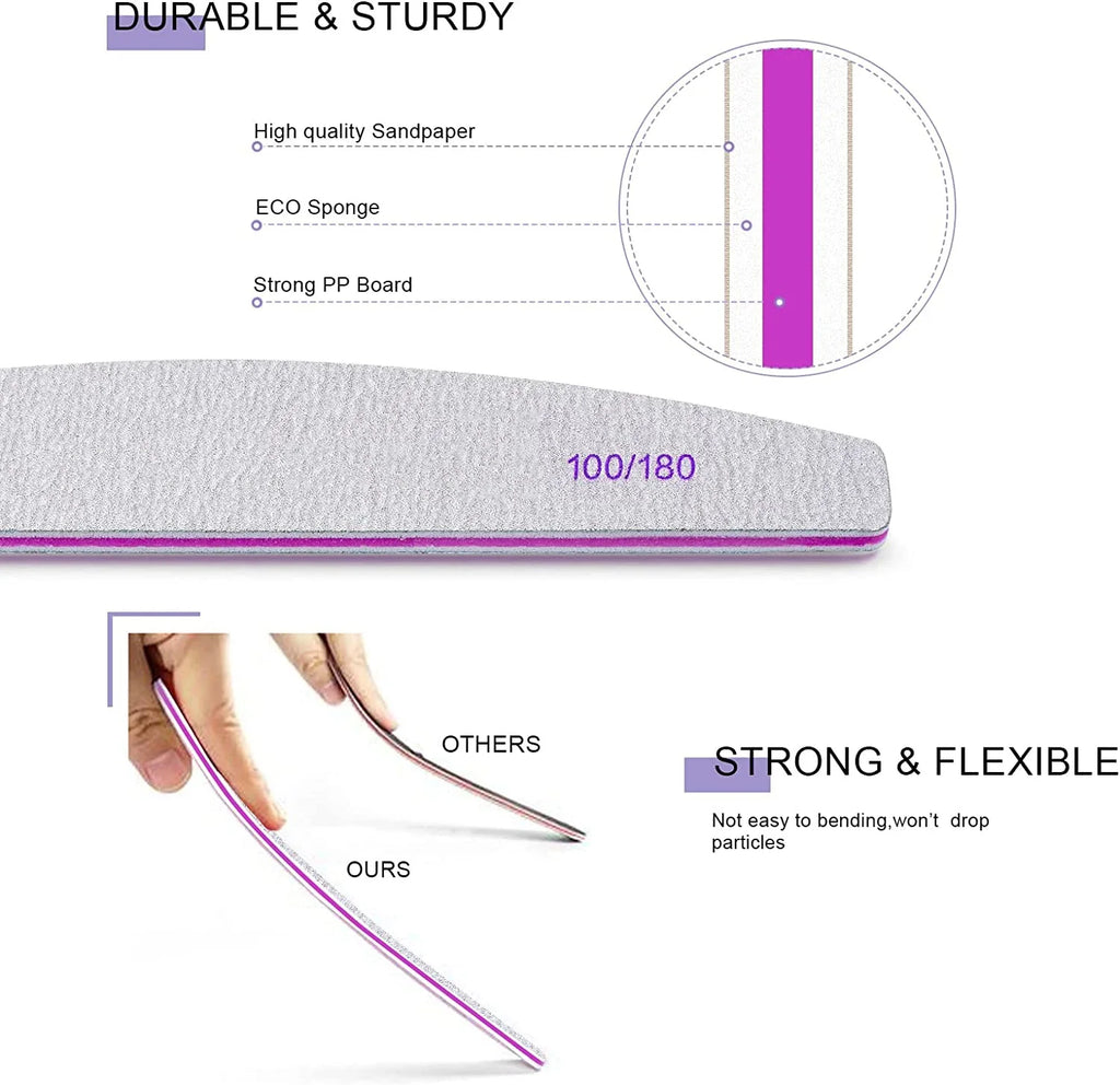 5-Pack Half-Moon Nail Files – Double-Sided 100/180 Grit Emery Boards, 7.1 in (18 cm) Manicure & Pedicure Tools for Home and Salon