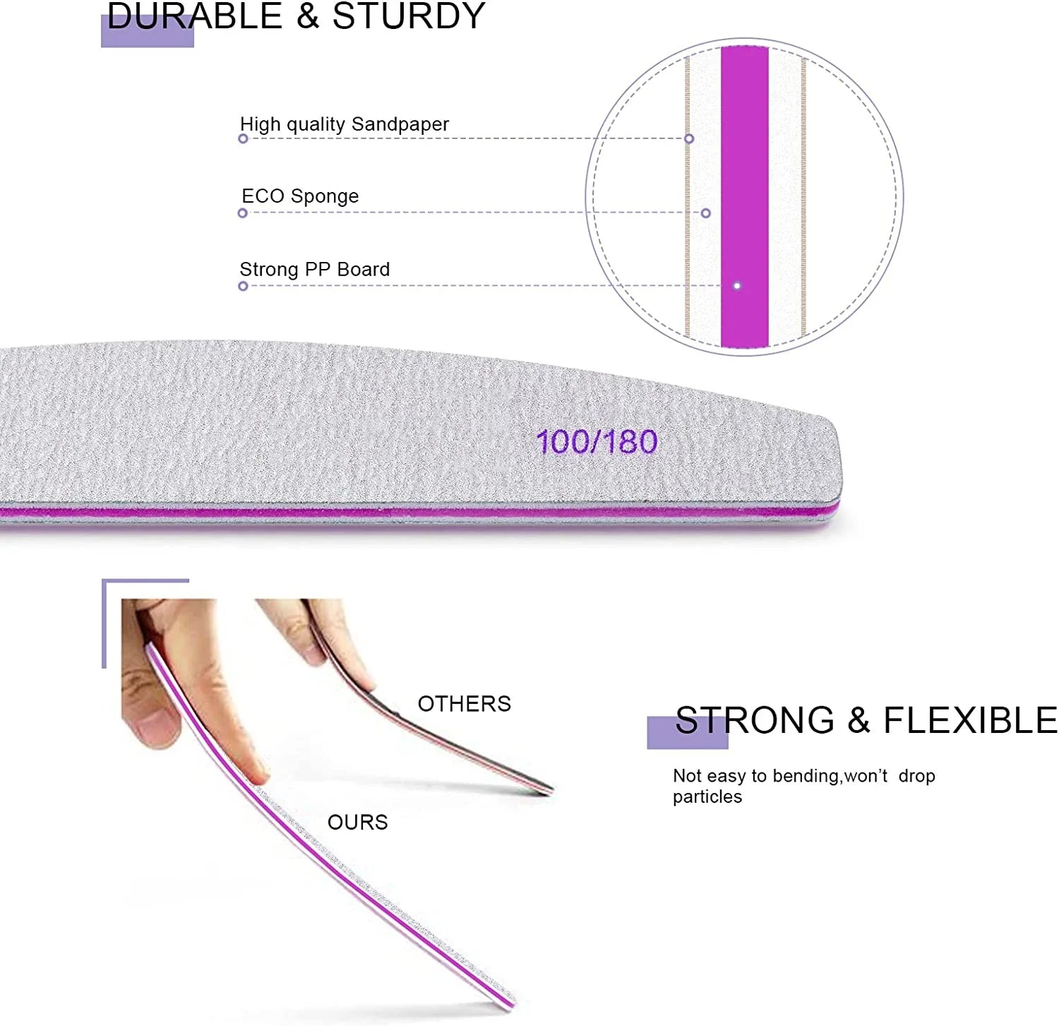 5-Pack Half-Moon Nail Files – Double-Sided 100/180 Grit Emery Boards, 7.1 in (18 cm) Manicure & Pedicure Tools for Home and Salon