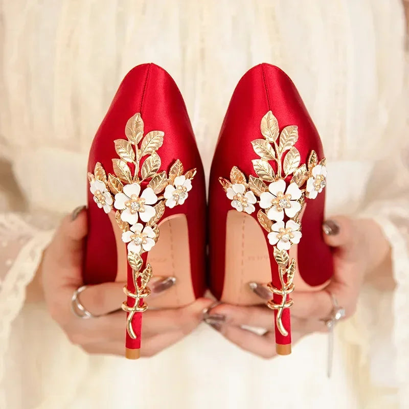 Women's Satin Pointed-Toe Stiletto Pumps with Metal Flower Detail — High Heel Wedding Shoes