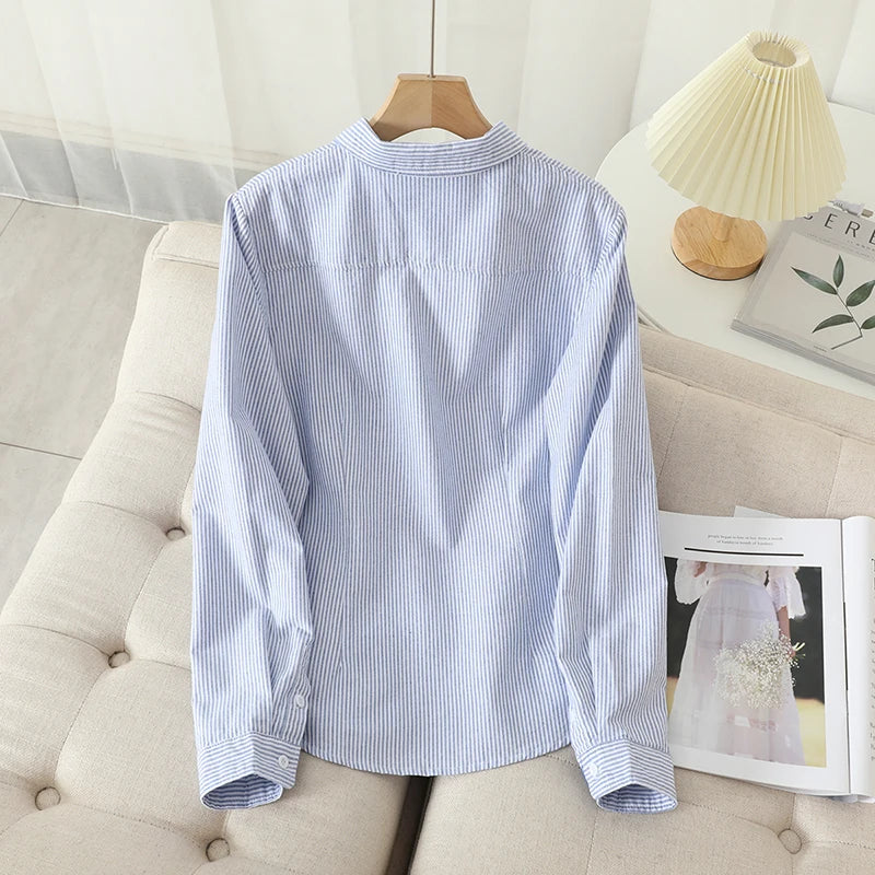 Women's Cotton Oxford Shirt - Casual Long-Sleeve Striped Blouse in White & Blue