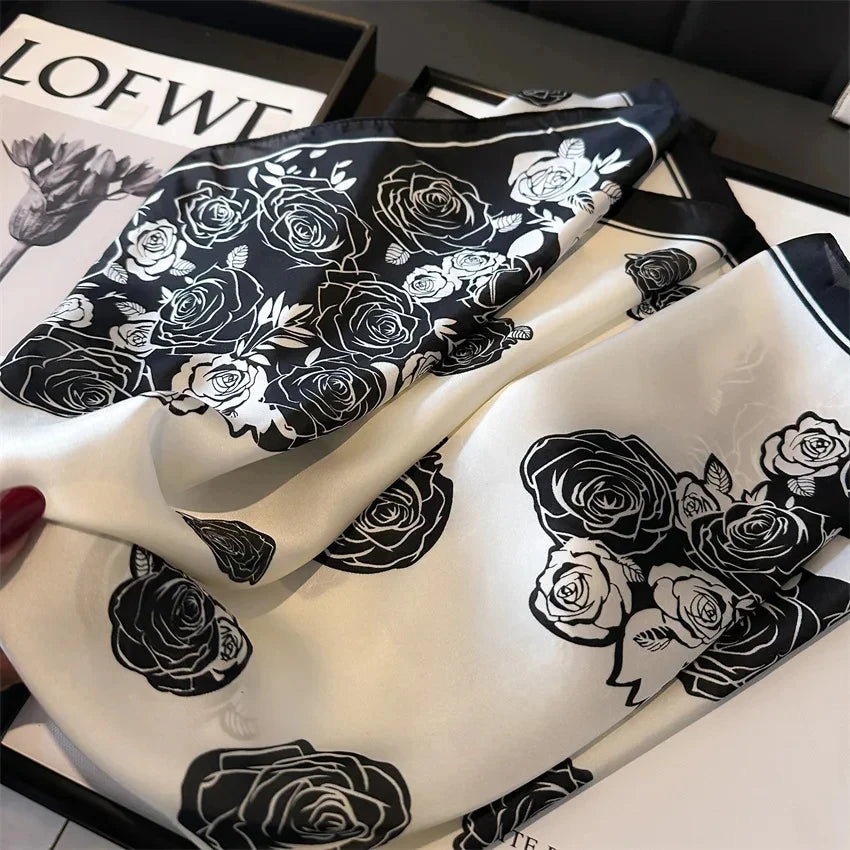 Luxury Square Silk-Feel Scarf 70 x 70 cm (27.6 x 27.6 in) Korean Fashion Floral Bandana Kerchief Wrap