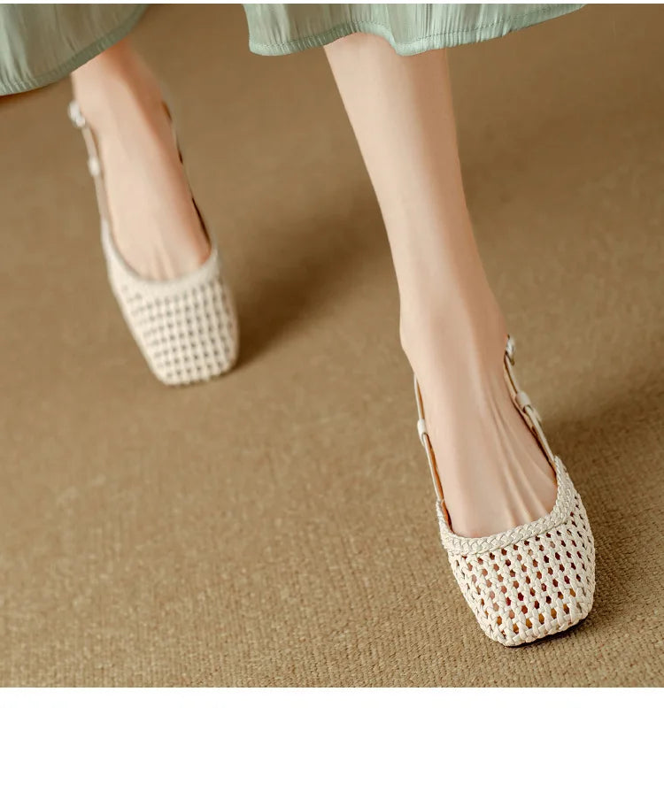 French Square-Toe Woven Mid-Heel Sandals for Women - PU Leather Square Block Heel 3-5 cm (1.2-2.0 in)