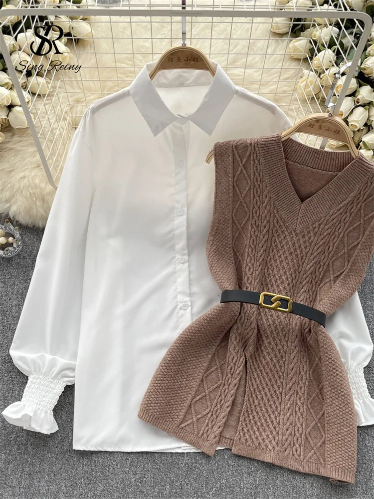 Women’s Office Knit Vest + Lantern Sleeve Blouse Set — Warm Thick Pullover Suit