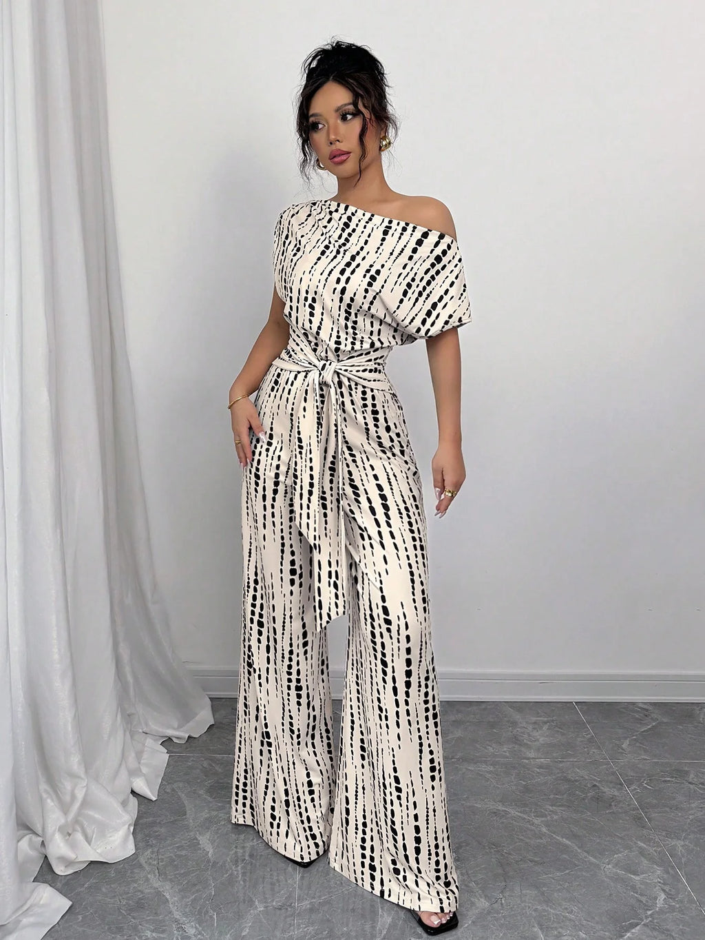 Striped Asymmetric Strap Wide-Leg Jumpsuit – Women's Summer Vacation Outfit