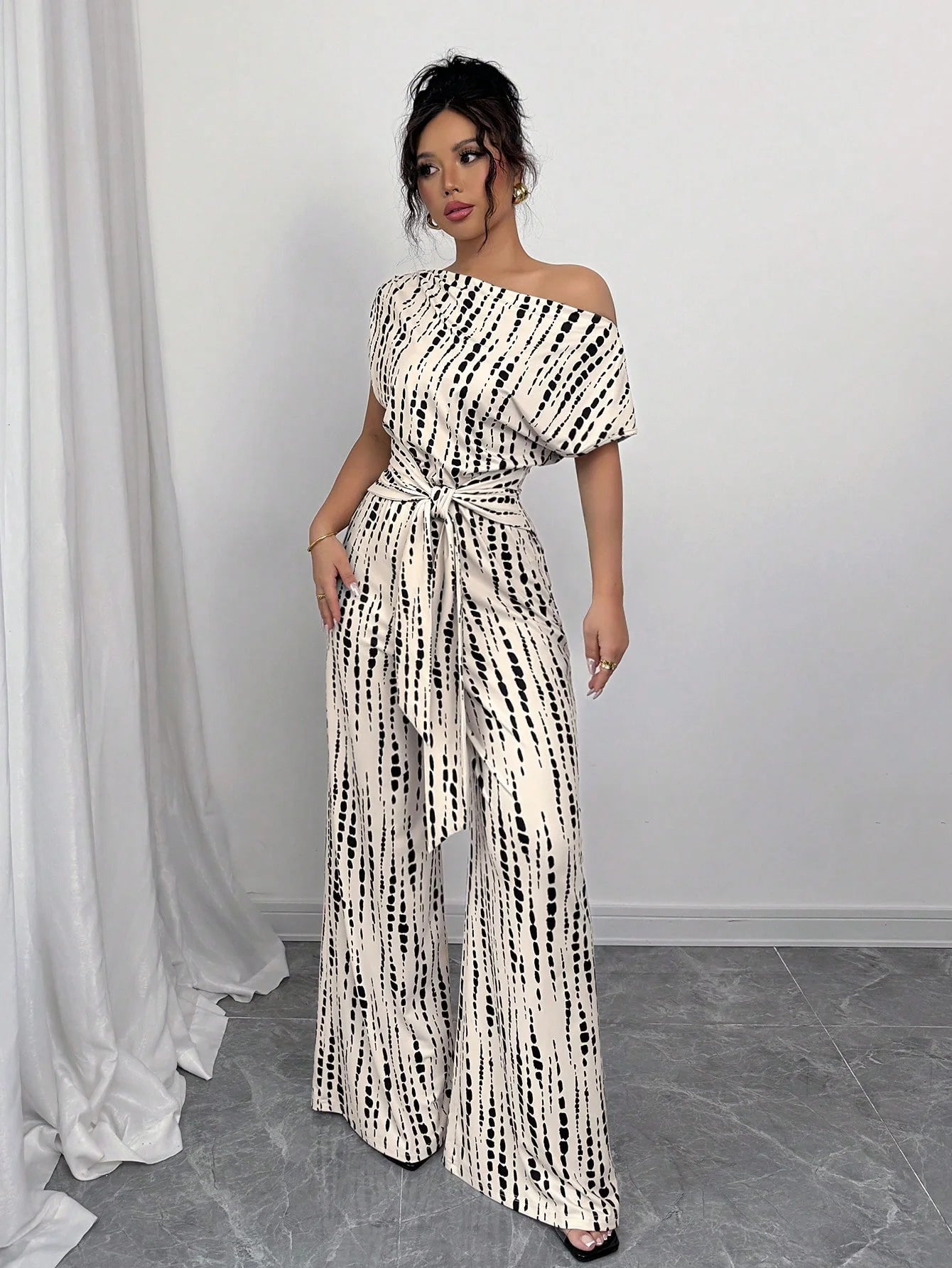 Striped Asymmetric Strap Wide-Leg Jumpsuit – Women's Summer Vacation Outfit