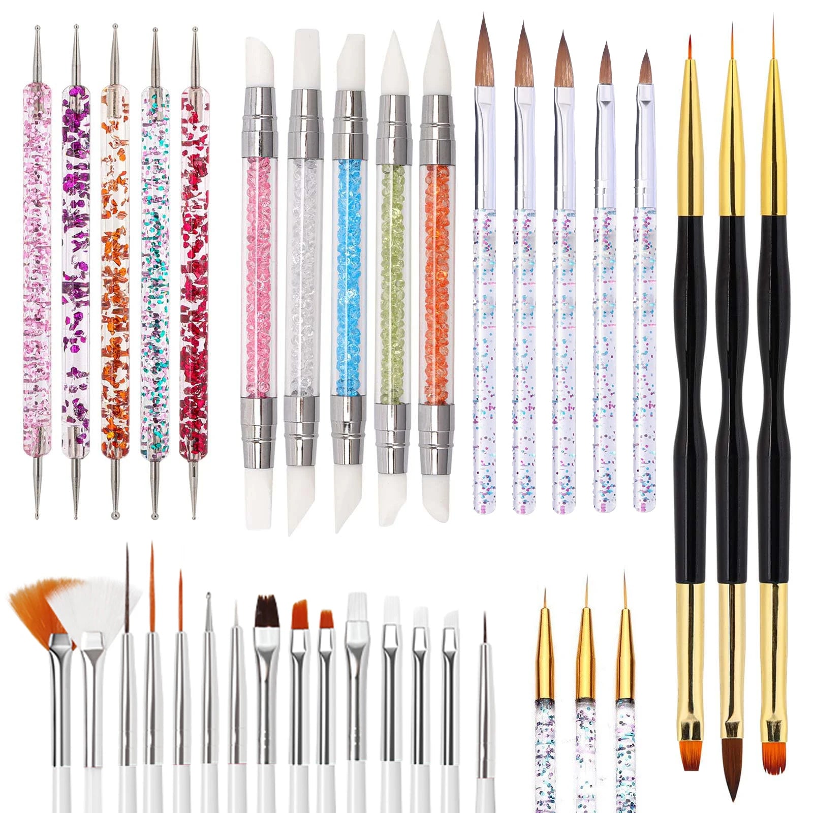 36-Piece Nail Art Brush Set + 5-Piece Silicone Tools — Fine Liner, Striping, Dotting & 3D Gel Acrylic Design Brushes for Home Use