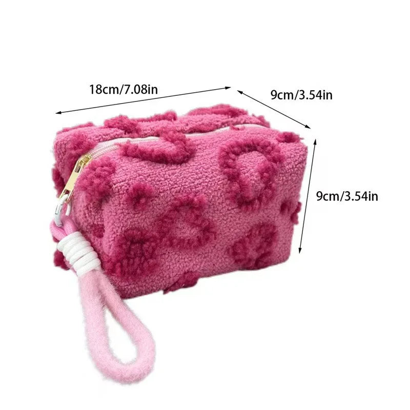 Plush Travel Makeup Bag with Handle — Heart Print Cosmetic Organizer Clutch Pouch