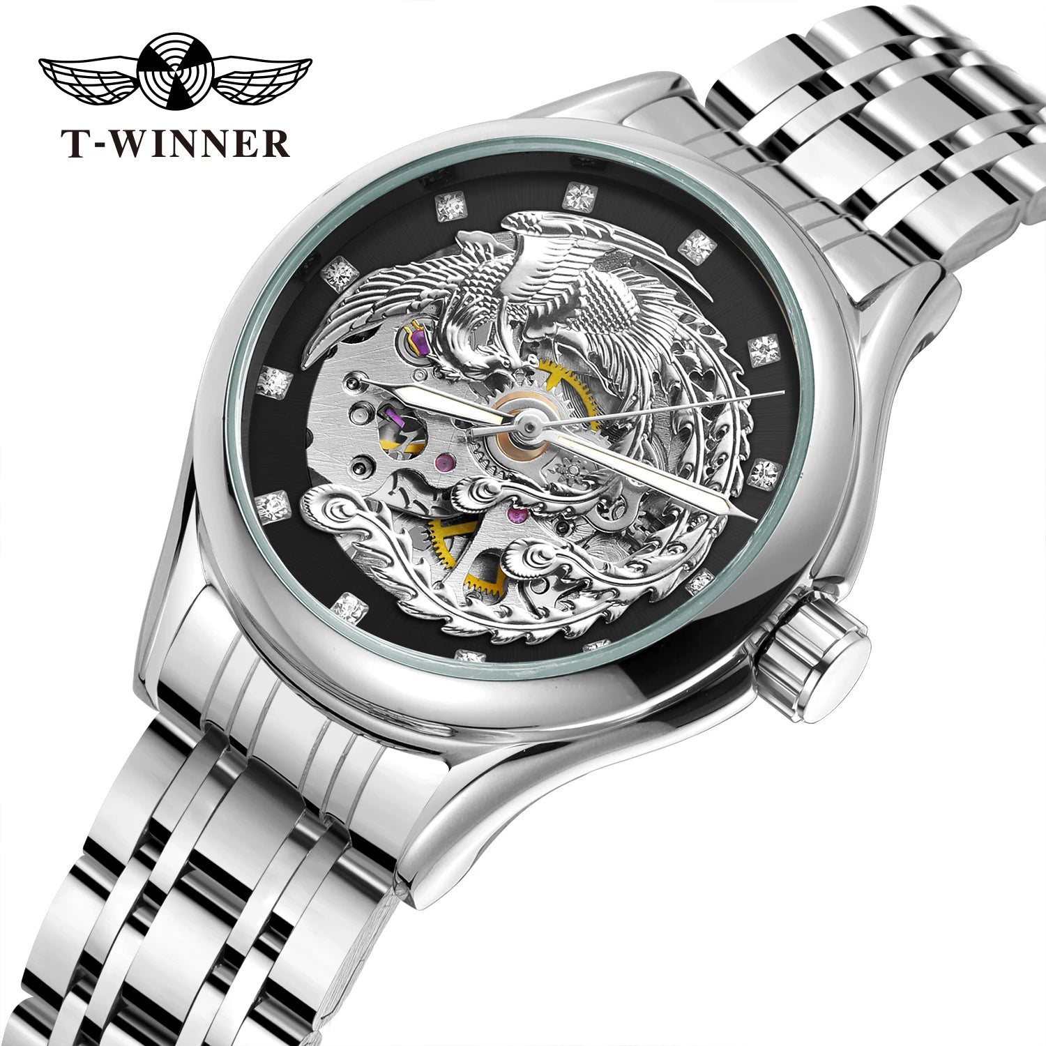 Golden Phoenix Skeleton Dial Automatic Women's Watch Stainless Steel Waterproof Luxury