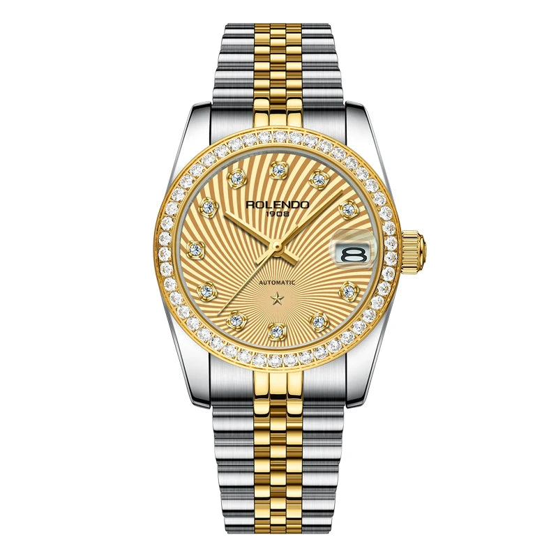 ROLENDO Classic 32mm Automatic Women’s Date Watch – Sapphire Crystal, Gold Diamond-Set, 300m Water Resistant, Butterfly Clasp