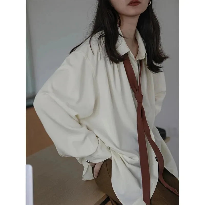 Korean Oversized Button-Up Shirt for Women Minimalist Long Sleeve Solid Blouse