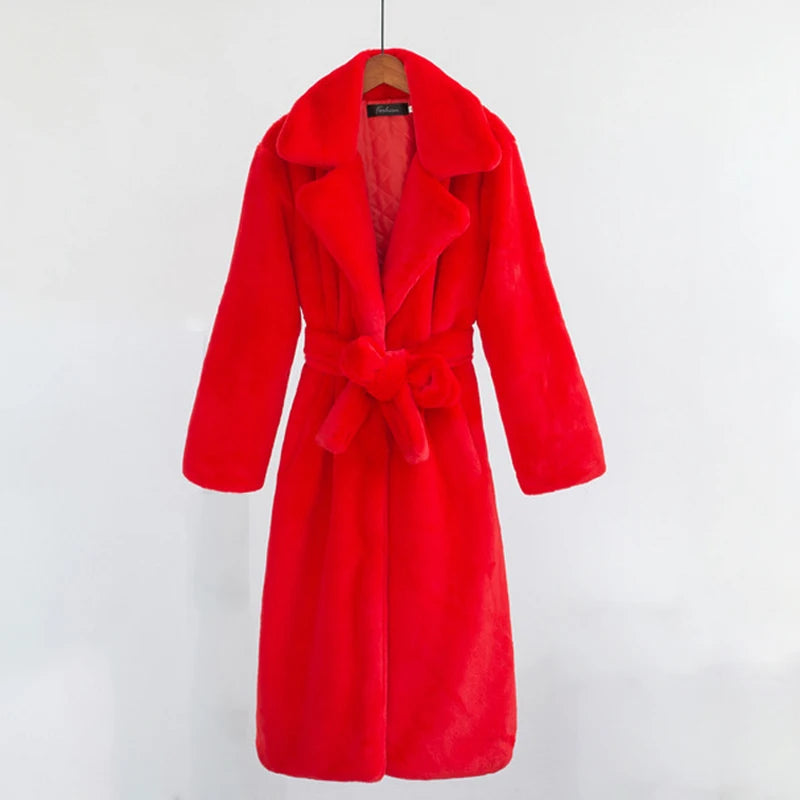 Women's Faux Leather Long Coat with Soft Mink Fur Trim & Pockets - Casual Street Style Winter Outwear