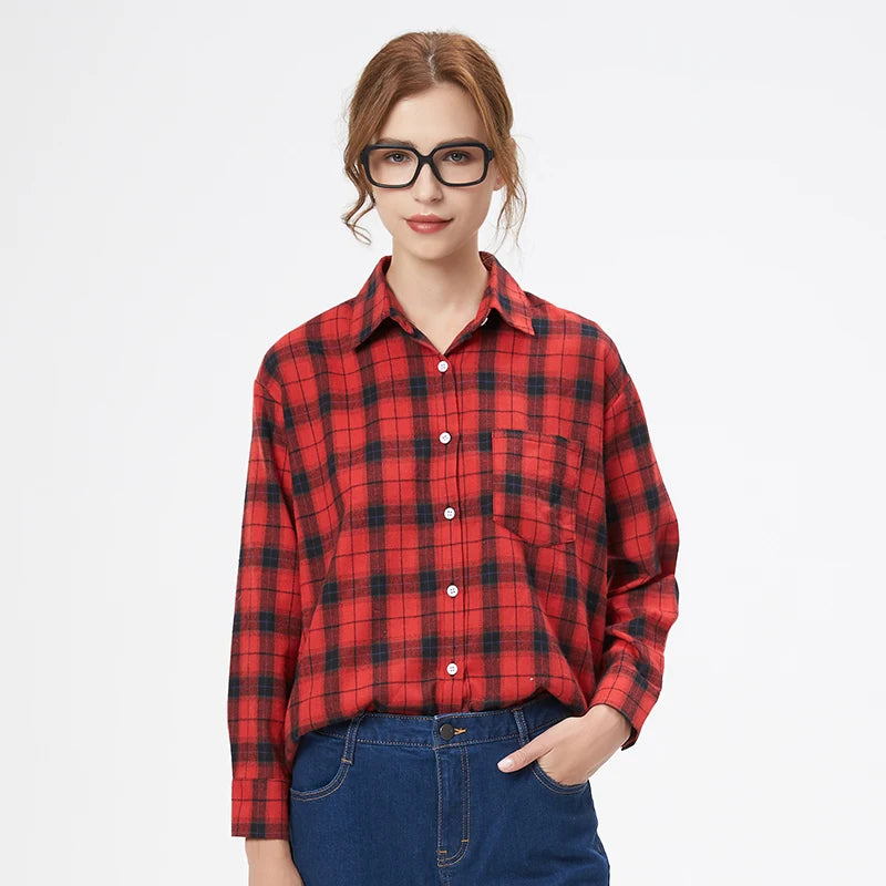Women's Flannel Plaid Shirt - Loose Cotton-Poly Long Sleeve Button-Down with Pockets