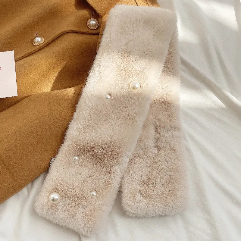 Women's Thick Faux Rabbit Fur Cross Collar Scarf - Winter Neck Warmer Soft Furry Solid Color Shawl
