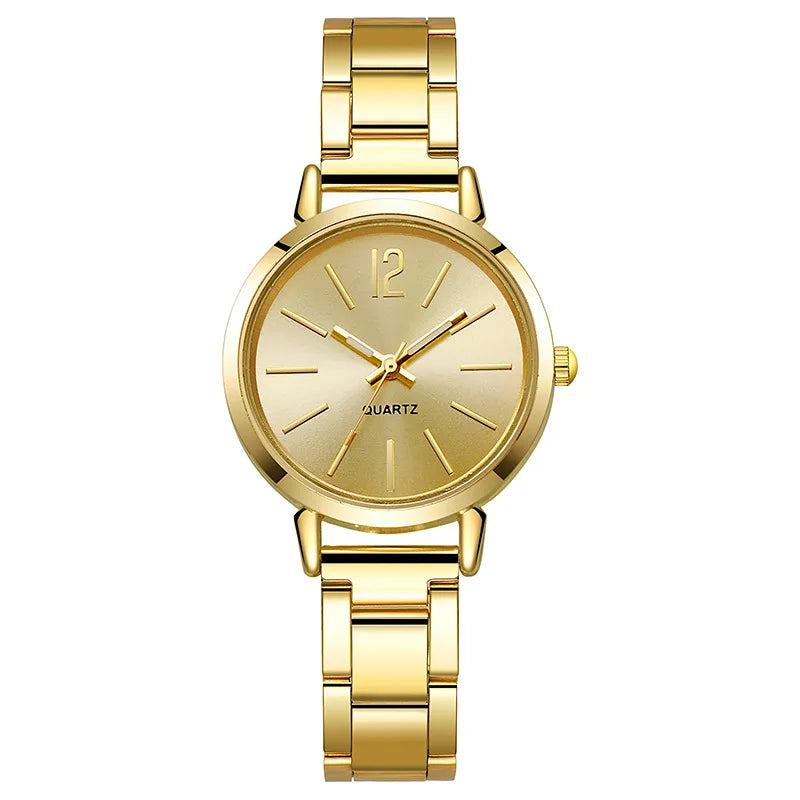 Luxury Women’s Gold Bracelet Quartz Watch – Simple Round Dial Stainless Steel Elegant Wristwatch
