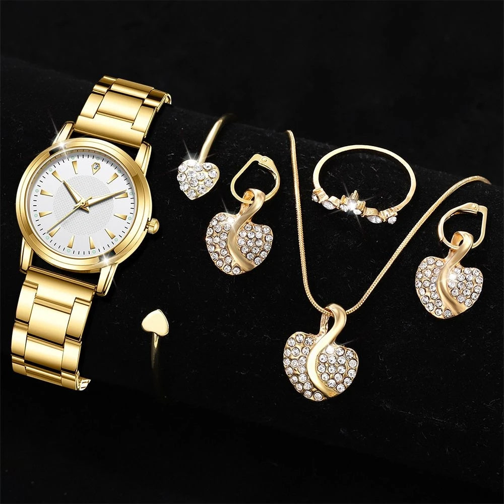 Women's Gold Quartz Watch & Rhinestone Jewelry Set - Ring, Necklace, Earrings