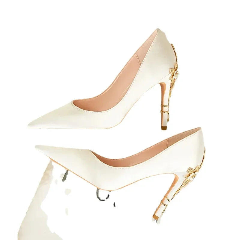 Women's Satin Pointed-Toe Stiletto Pumps with Metal Flower Detail — High Heel Wedding Shoes