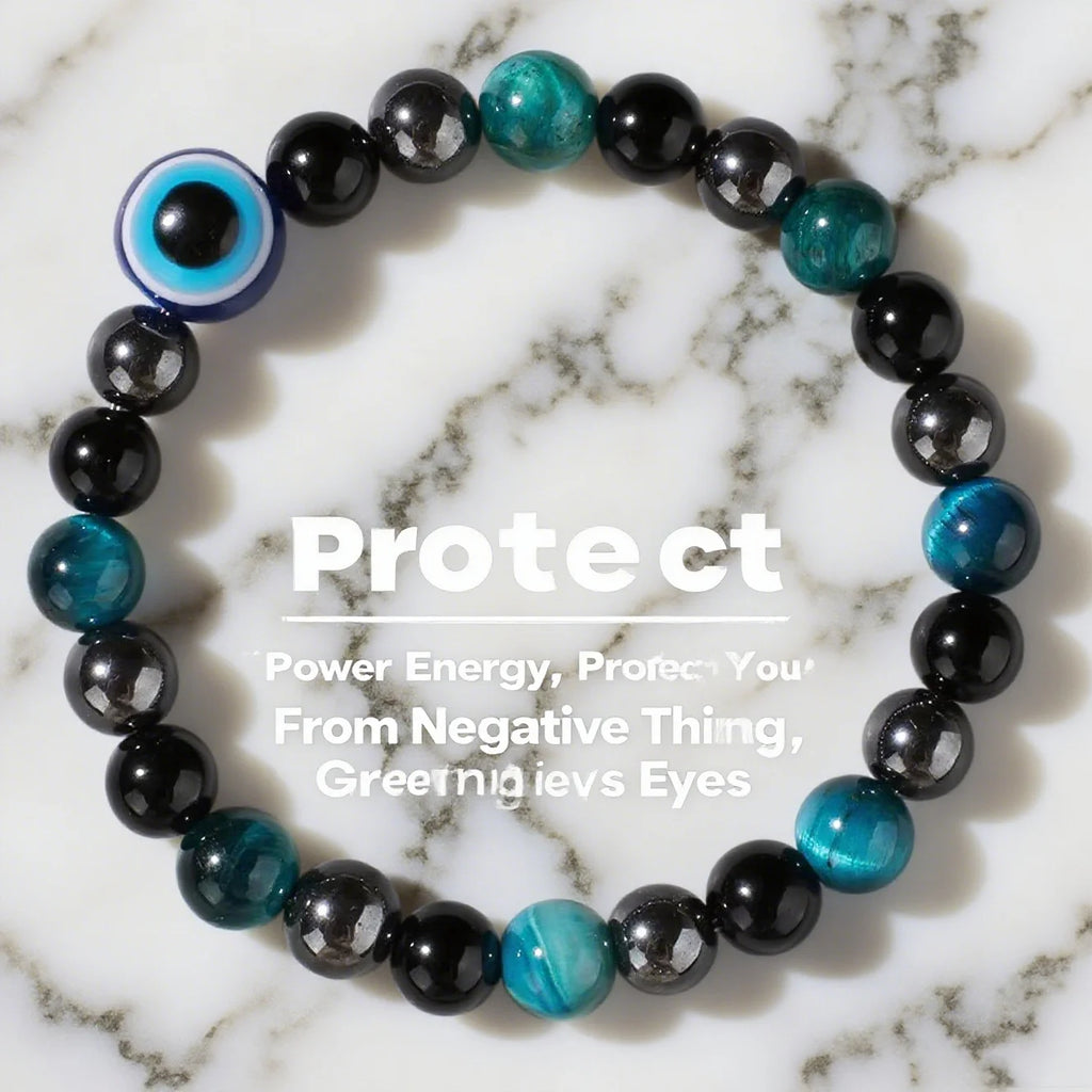 Triple Protection Bracelet - Blue Tiger's Eye & Black Obsidian Evil Eye Handmade Stretch Beaded Bracelet