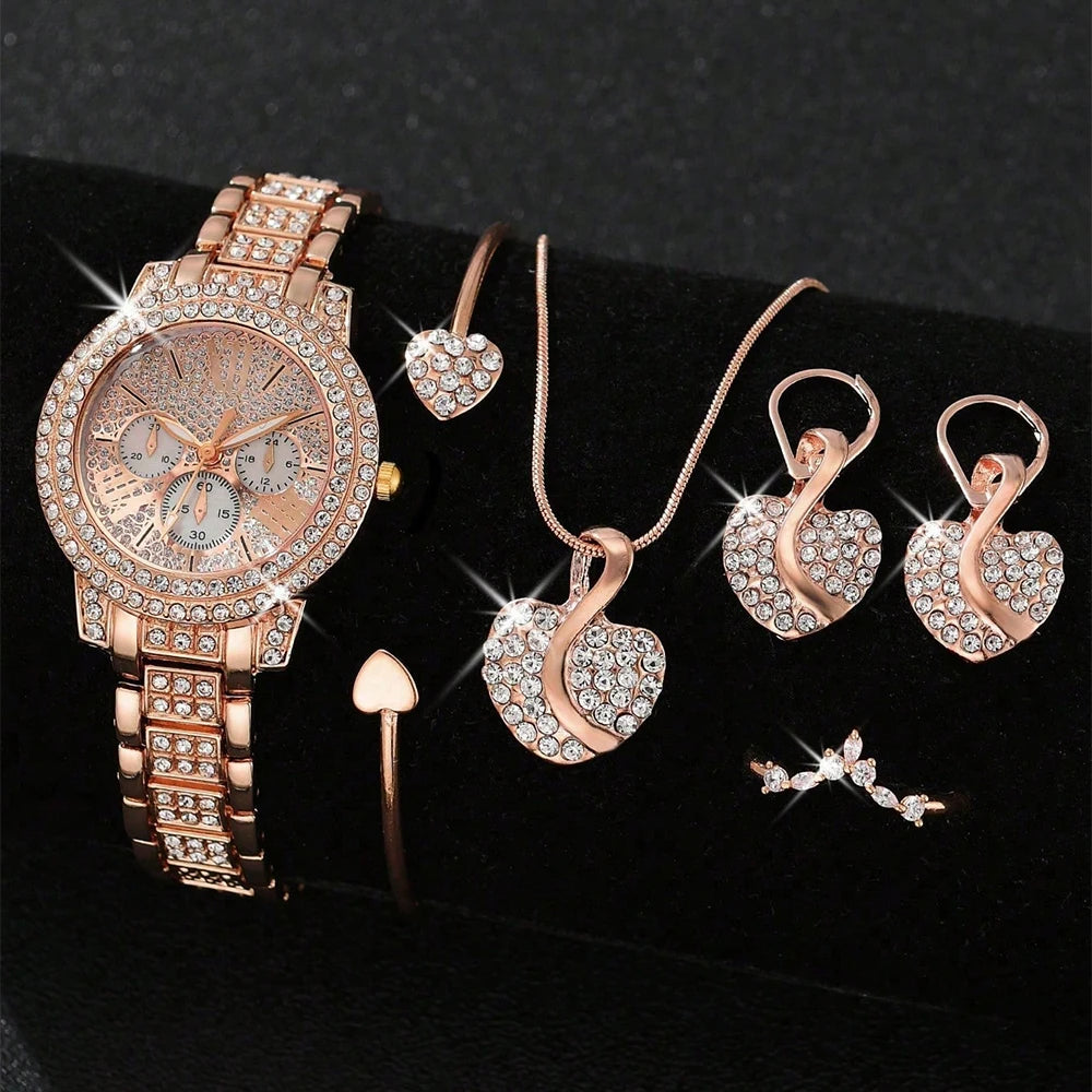 Women's Gold Quartz Watch & Rhinestone Jewelry Set - Ring, Necklace, Earrings