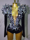 Shiny Black Rhinestone Velvet Long Sleeve Bodysuit for Women, Evening Party Club Stage
