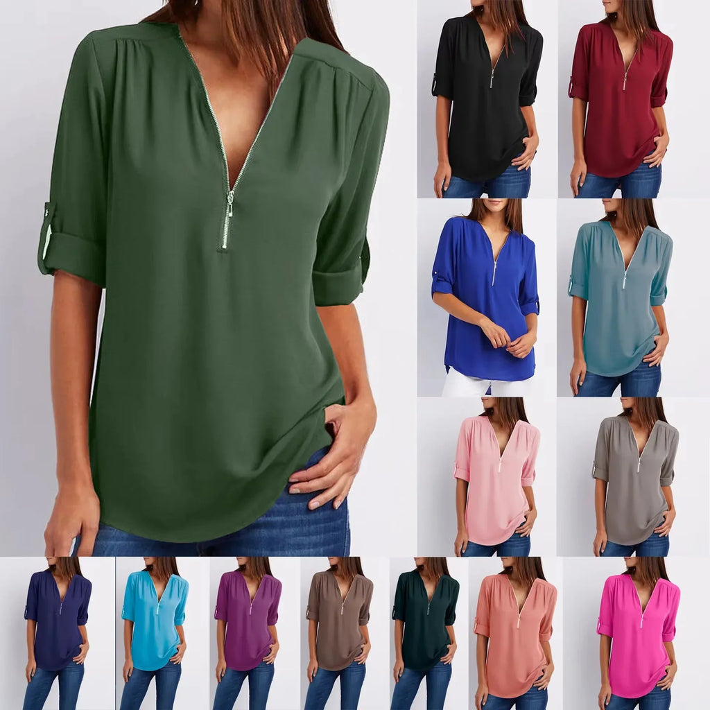 Women's Loose V-Neck Chiffon Blouse with Zipper Pullover — Casual Plus Size