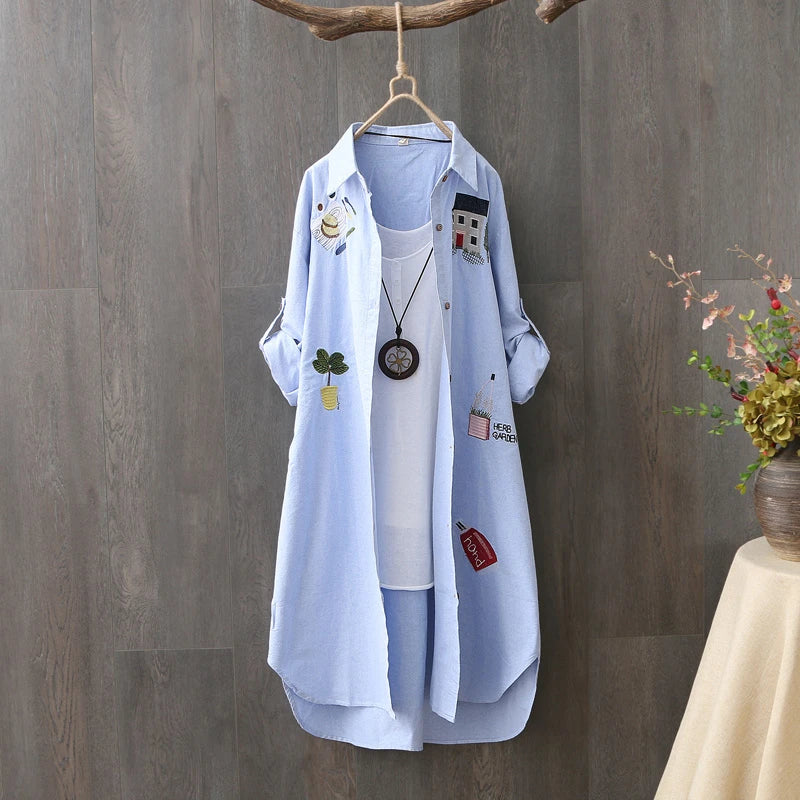 Embroidered Long White Blouse Loose Floral Office Top